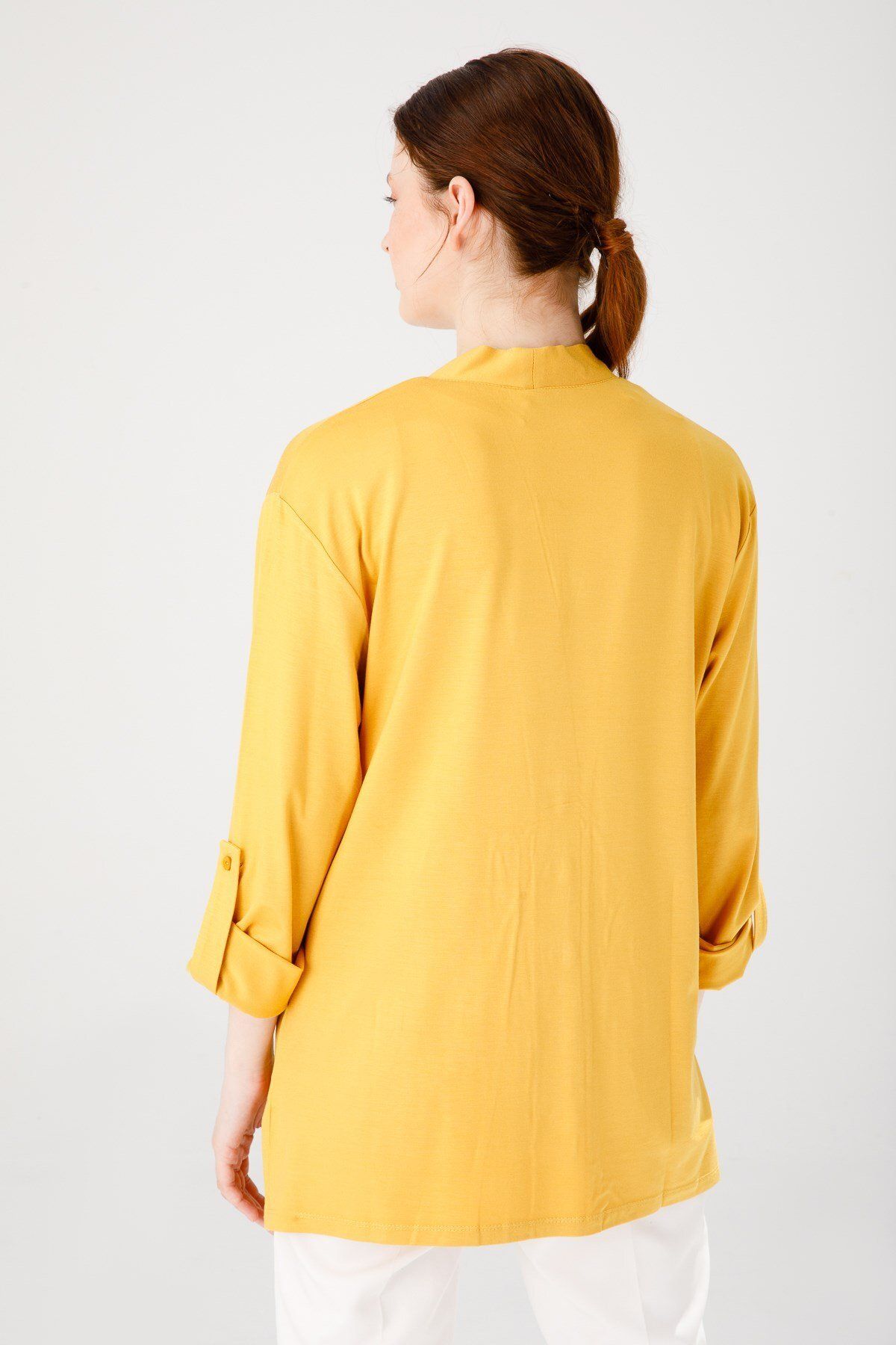 Desen Triko-Women's V-Neck Long Sleeve Pocket Buttoned Combed Cotton Jacket Mustard 4