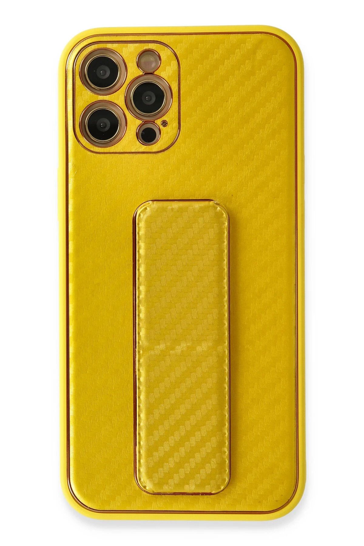 NewFace iPhone 12 Pro Max Kılıf Coco Karbon Standlı Kapak - Sarı YNSMR