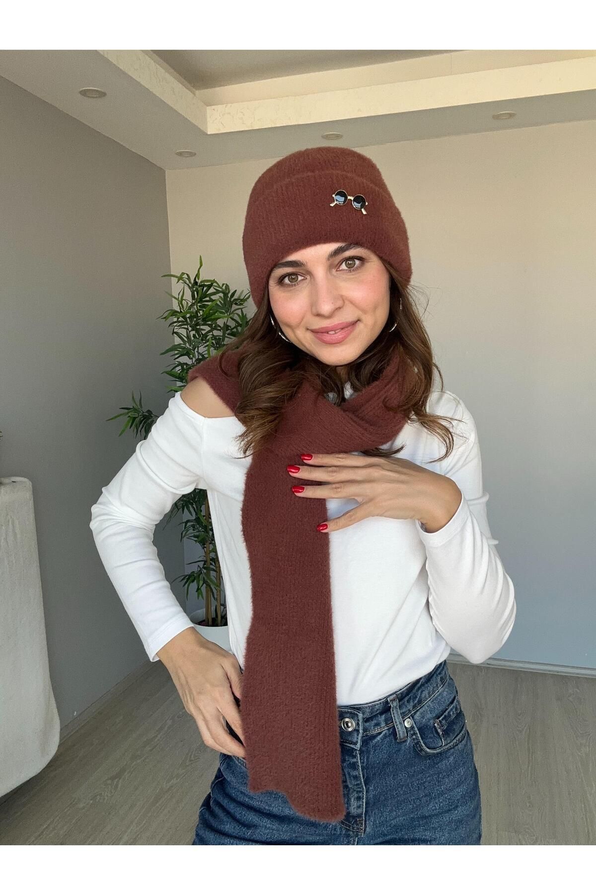 Seda Bijuteri Yumuşak Dokulu Örme Atkı Kahve