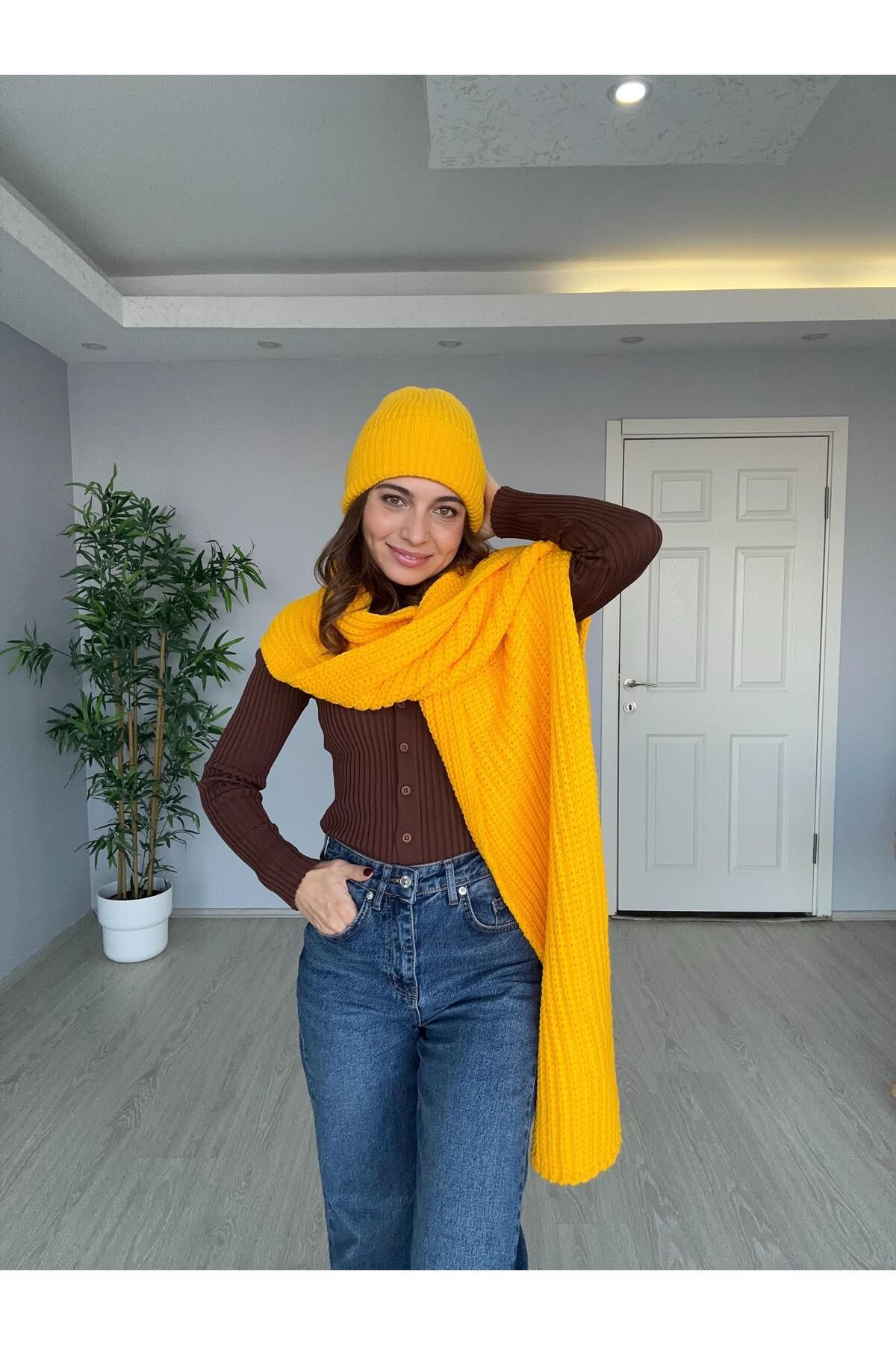 Seda Bijuteri Selanik Örgü Atkı Sarı