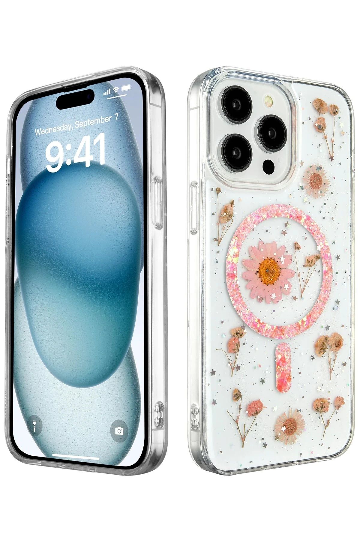 NewFace iPhone 14 Pro Max Kılıf Daisy Simli Magsafe Kapak - Pembe HNZRN