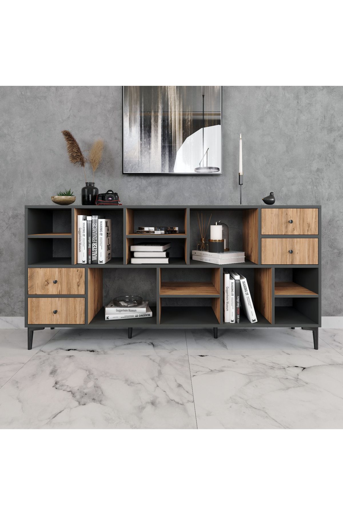 ANTEC ASSYA ÇEKMECELİ , RAFLI KONSOL ANTRASİT-ATLANTİK ÇAM