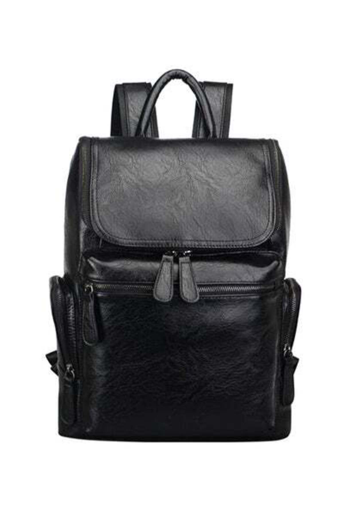 HALAMODO-Zip Closure Leather Backpack Black 3