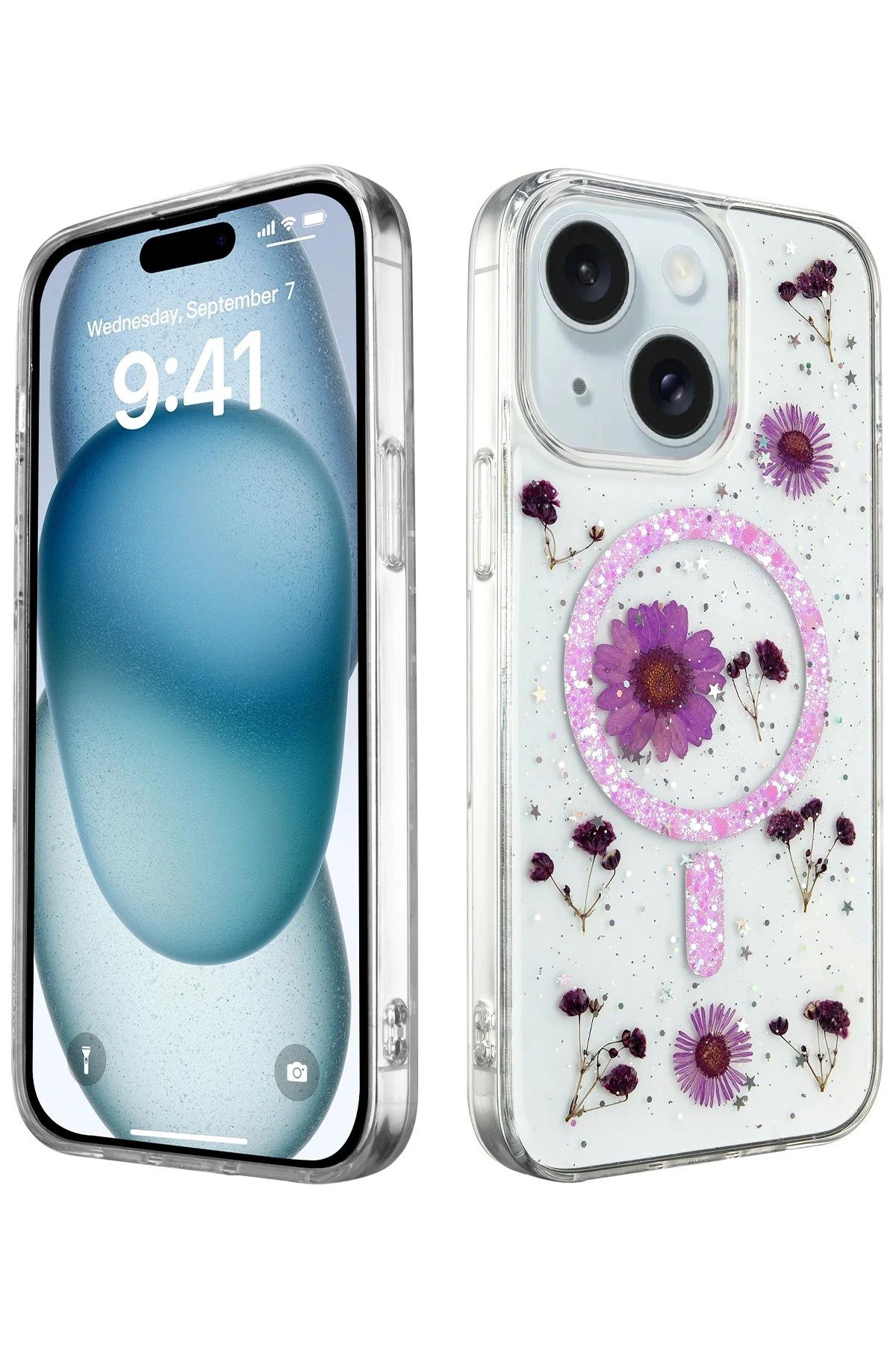 NewFace iPhone 14 Kılıf Daisy Simli Magsafe Kapak - Mor BSTMY