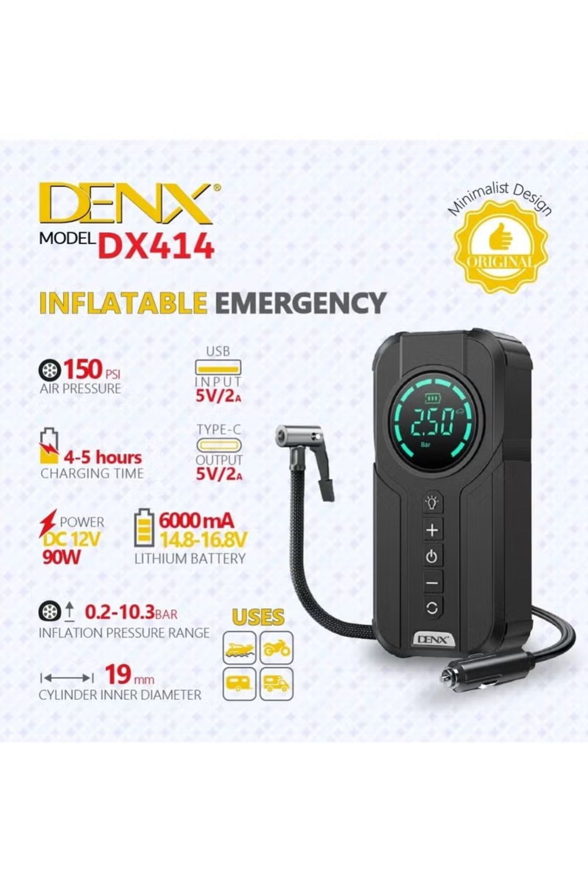 Denx-بطارية متنقلة اشتراك مشغل للسيارة بقوة 6000 ملي امبير مع منفاخ هواء مدمج 5