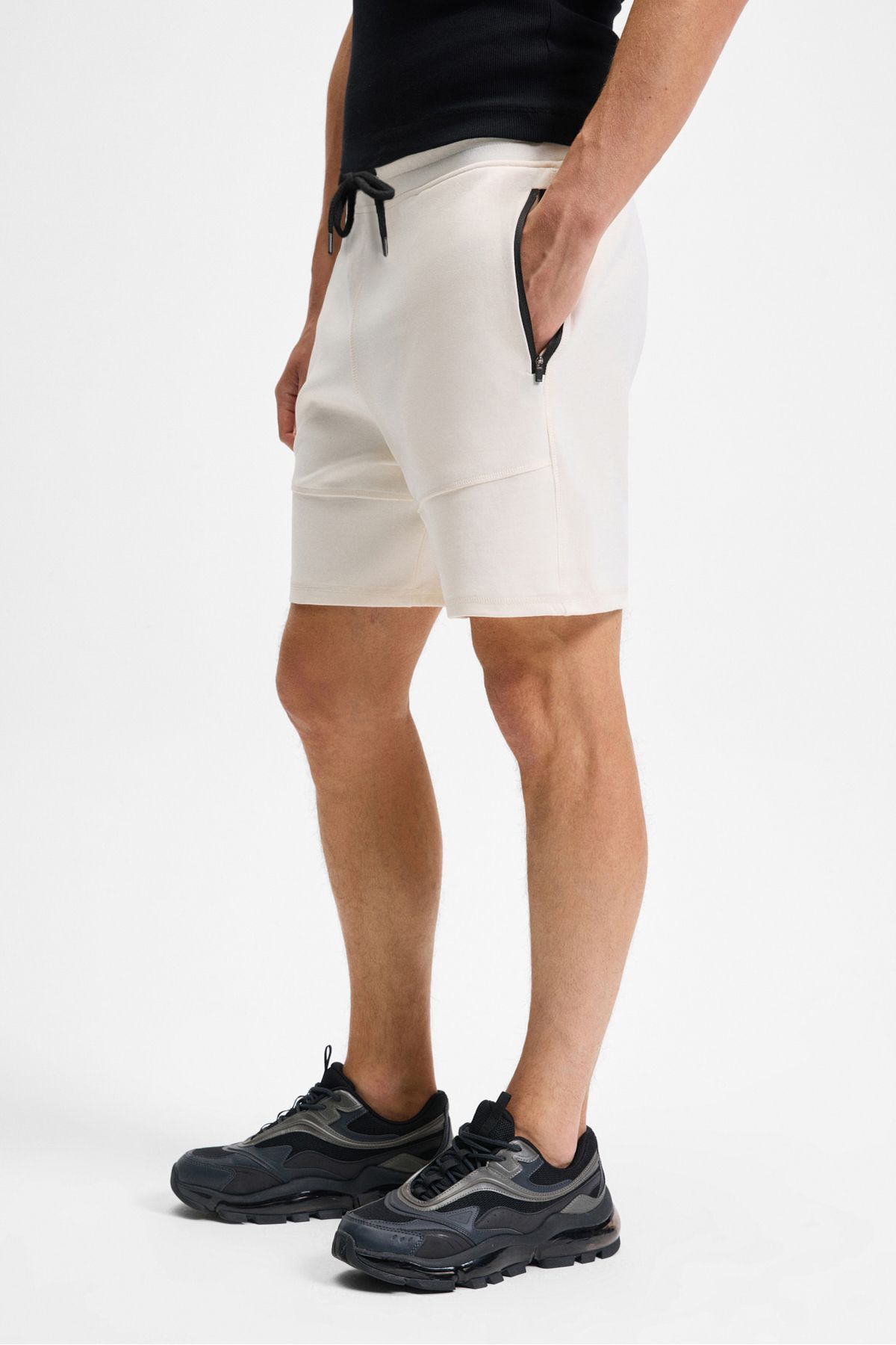 GRIMELANGE-Relaxed Fit Ecru Shorts for Men with Bermuda Corded Side Zipper Pockets 3