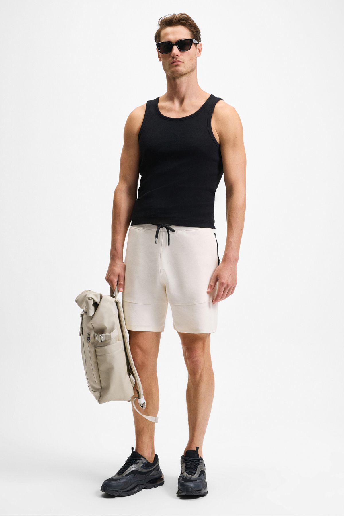 GRIMELANGE-Relaxed Fit Ecru Shorts for Men with Bermuda Corded Side Zipper Pockets 4