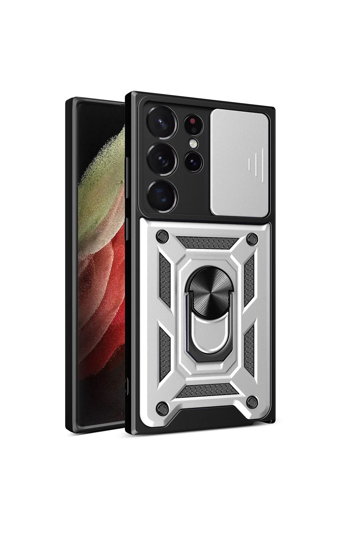 NewFace Samsung Galaxy S23 Ultra Kılıf Pars Lens Yüzüklü Silikon - Gümüş JOJUA