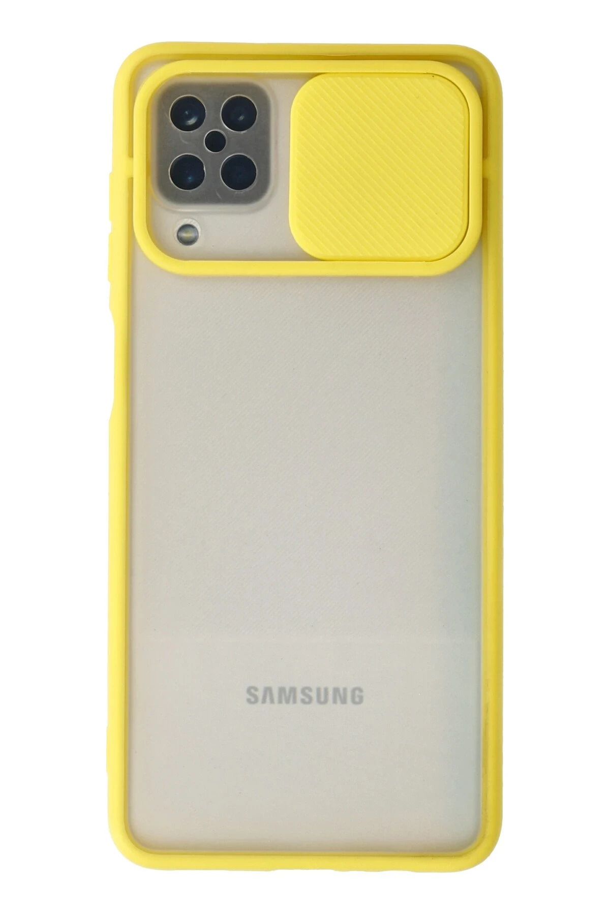 NewFace Samsung Galaxy A12 Kılıf Palm Buzlu Kamera Sürgülü Silikon - Sarı NRMSA