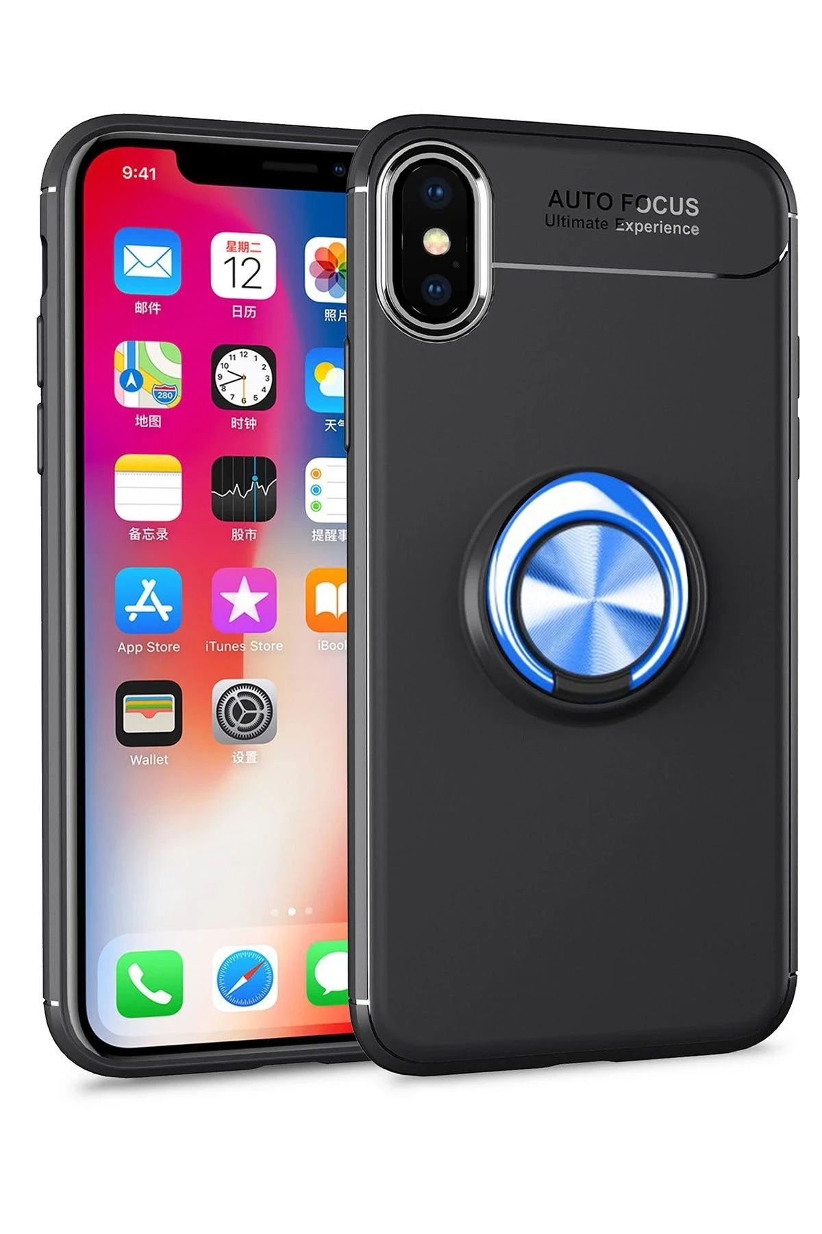 NewFace iPhone XS Max Kılıf Range Yüzüklü Silikon - Siyah-Mavi YNSMR
