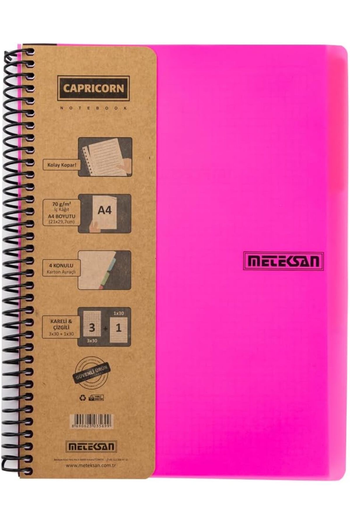 STOREMAX Capricorn Neon Serisi, A4, 7 Konulu (5 Kareli, 2 Çizgili) 210 Yaprak PP Kapaklı Spiralli Defter,