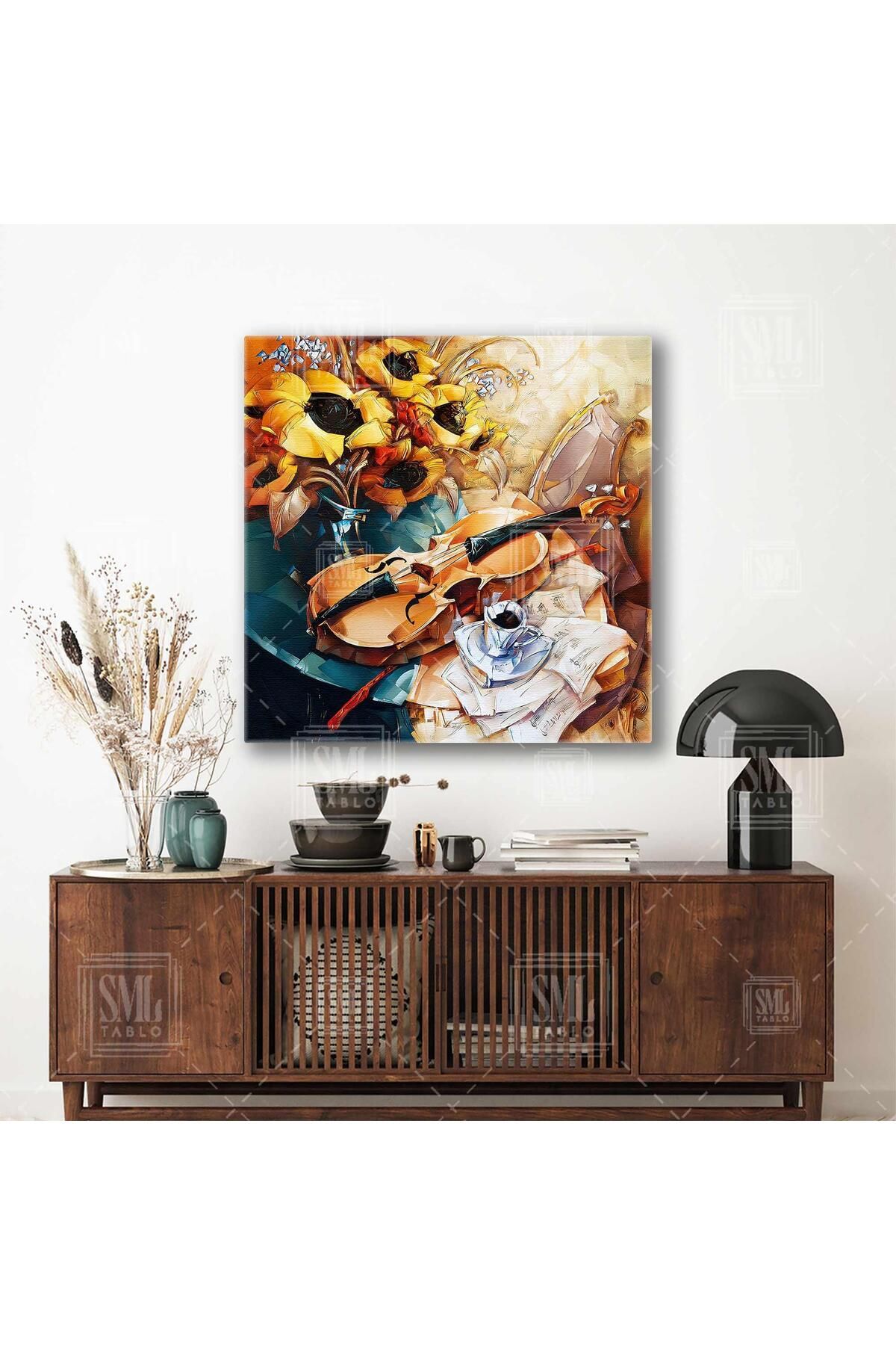 SML TABLO Vioara Pe Masa Cafea Muzica Artă Pictură Pătrată Abstractă Pe Pânză - 40 x 40