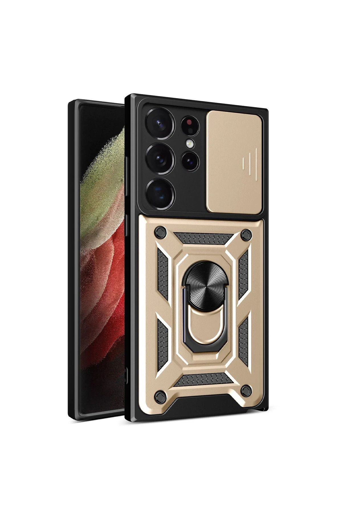 NewFace Samsung Galaxy S23 Ultra Kılıf Pars Lens Yüzüklü Silikon - Gold JOJUA