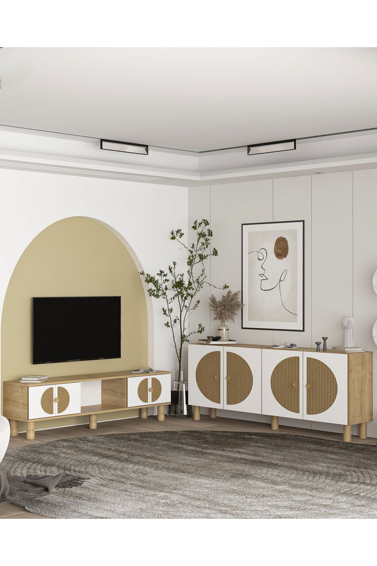DemonteHome İNCİDH (KB150) KONSOL VE BOHEM TV SEHPASI 2'Lİ SALON TAKIMI SAFİRMEŞE-HAZERAN DESEN