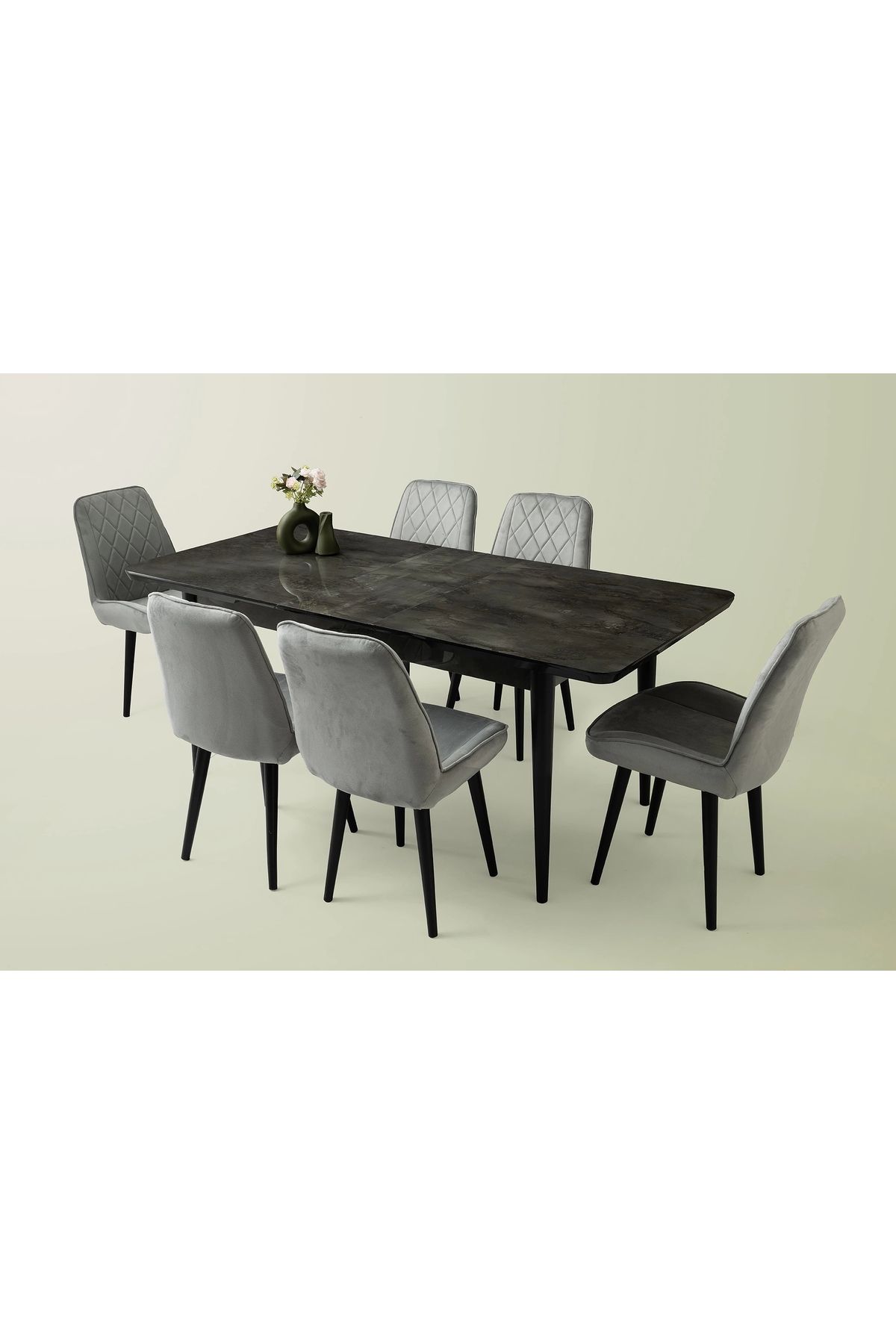 Evistro Ortadan Açılır Büyüyen 90x160cm Siyah Mermer Desen Ahşap Salon Yemek Masa Gri Fulya Sandalye Takımı
