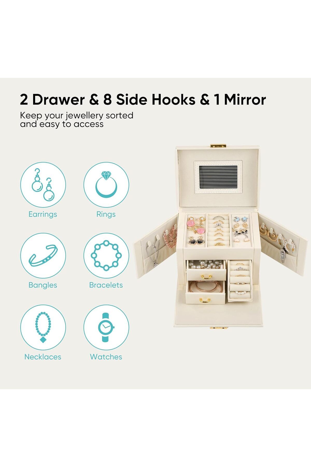 COOYA-3 Drawers for Bracelets Large Jewelry Holder Organizer with Mirror, Earrings, Rings, Necklaces 6