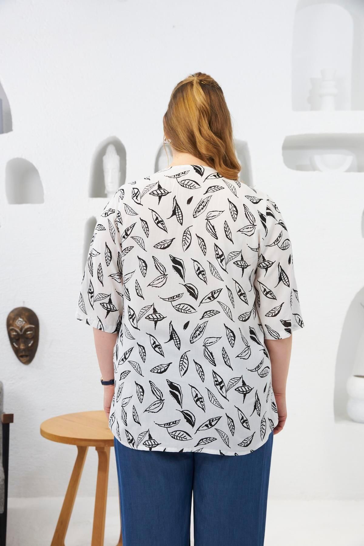 RMG-Leaf Patterned Large Size Blouse Ecru 6