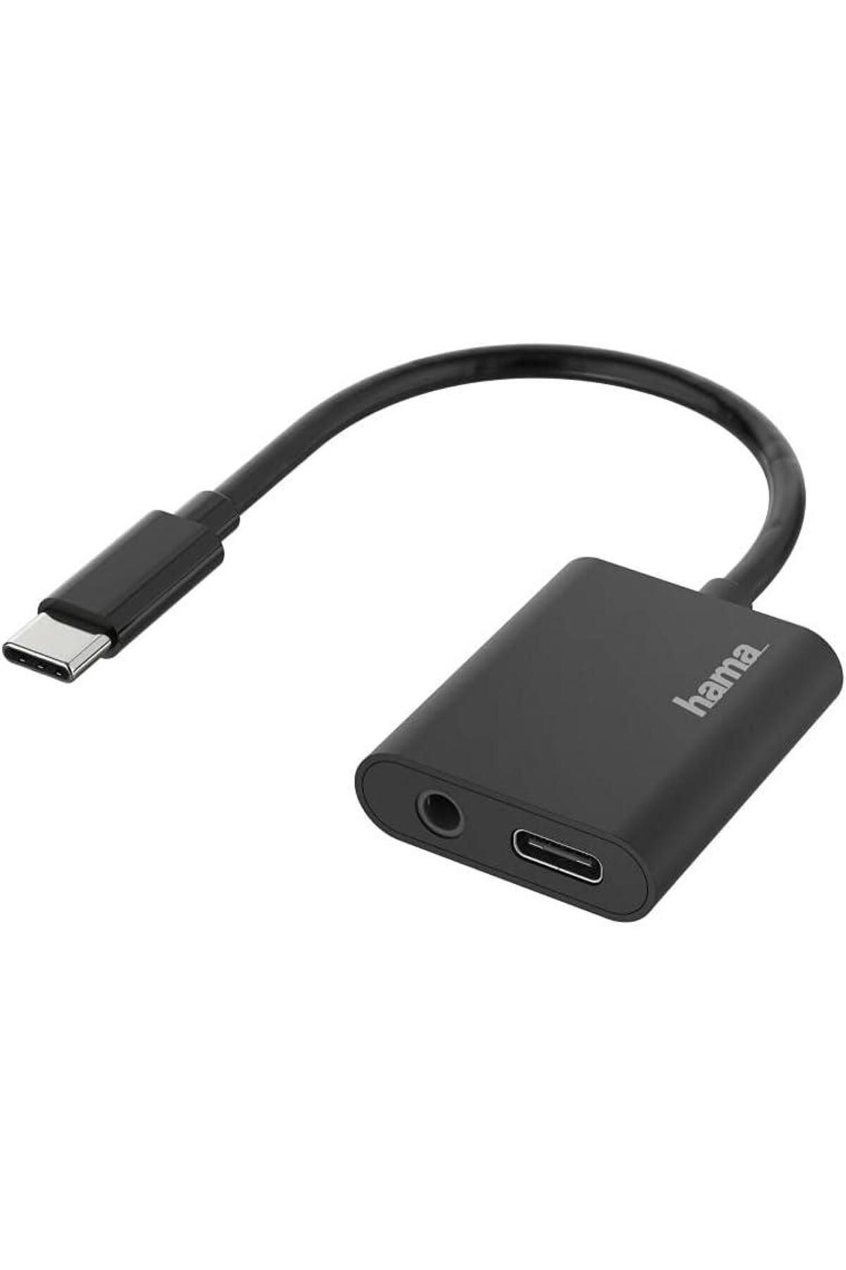 Hama-200319 2-in-1 USB-C Plug to 3.5 mm Jack and USB-C Socket Audio Adapter, Black 1