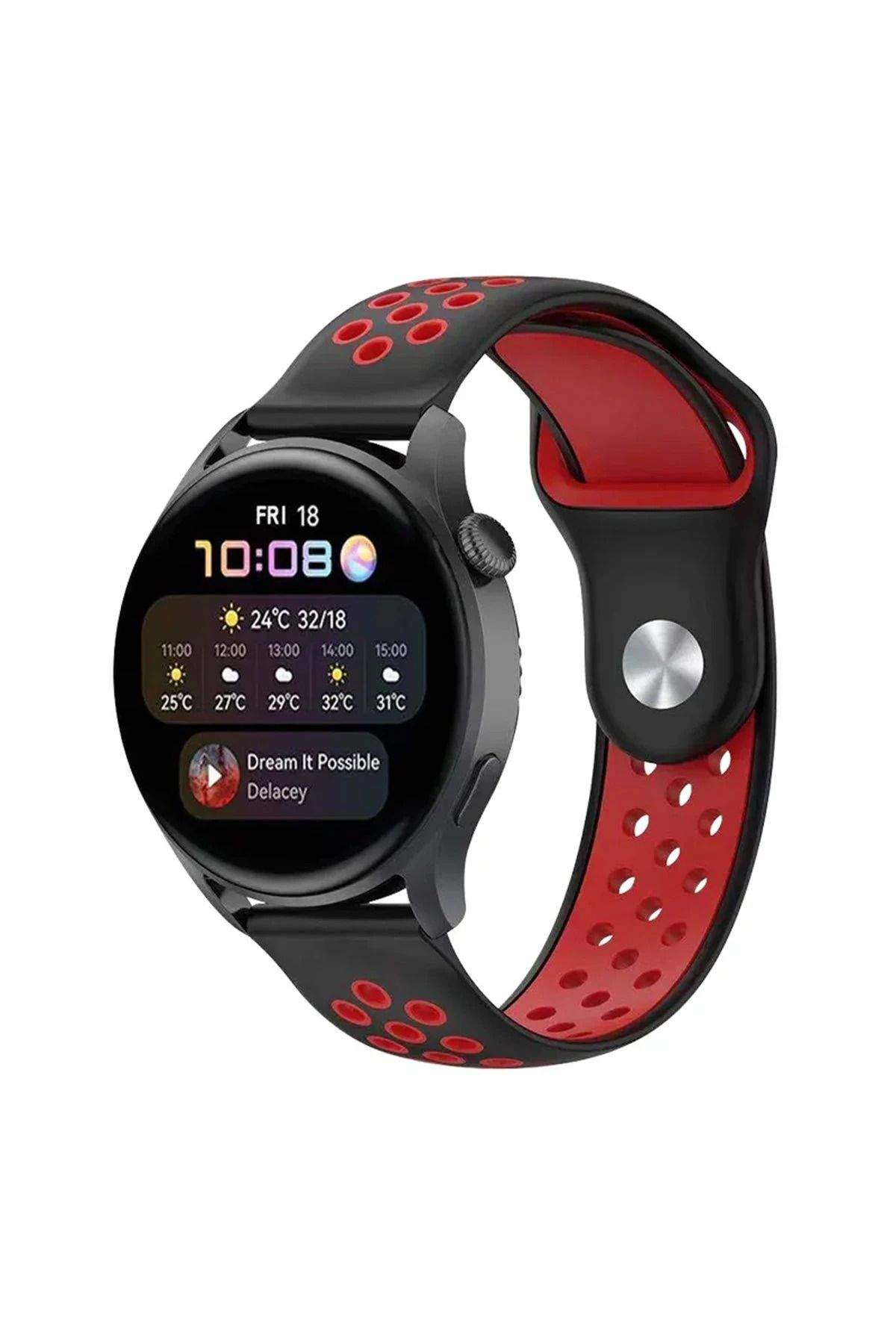 NewFace Watch 22mm Spor Delikli Kordon - Siyah-Kırmızı BSTMY