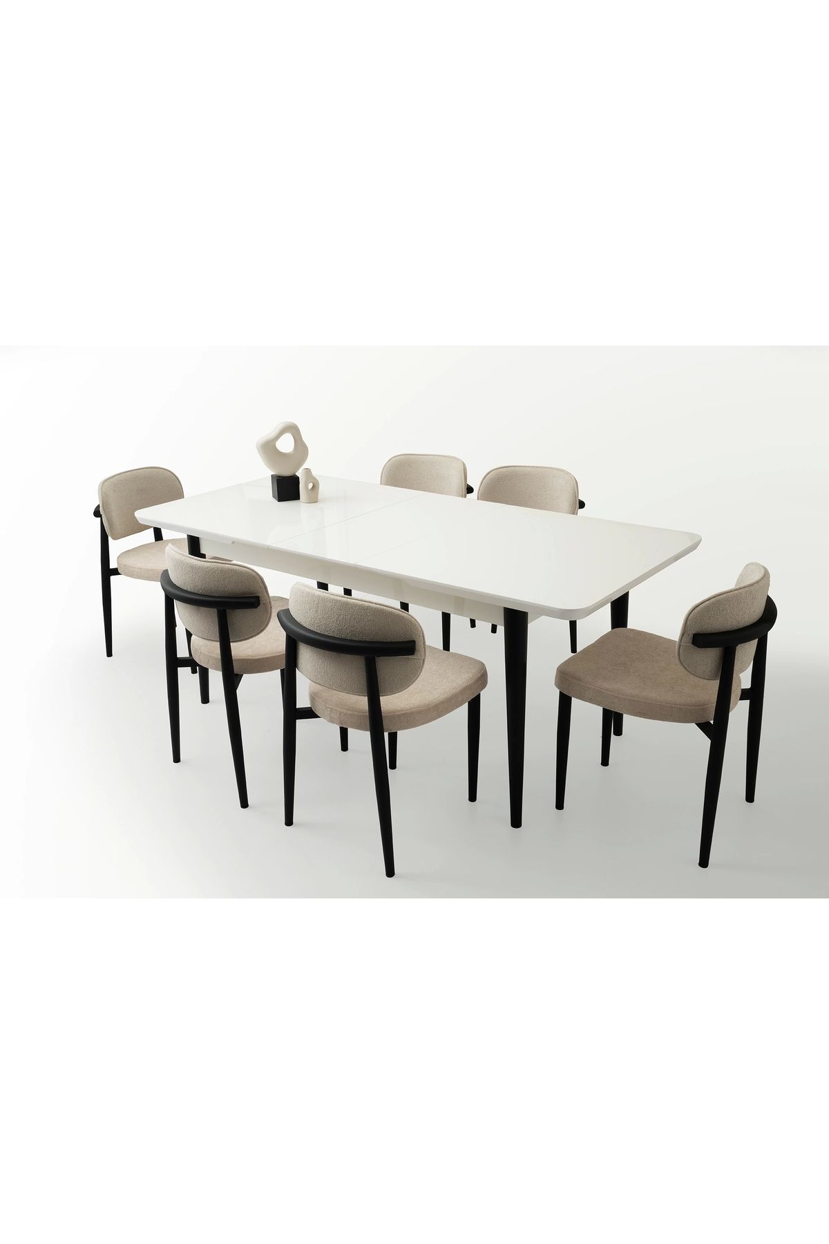 Evistro Ortadan Açılır Büyüyen 90x160cm Beyaz Ahşap Salon Yemek Masa Krem Sandalye Takımı 6 Siesta Sandalyel
