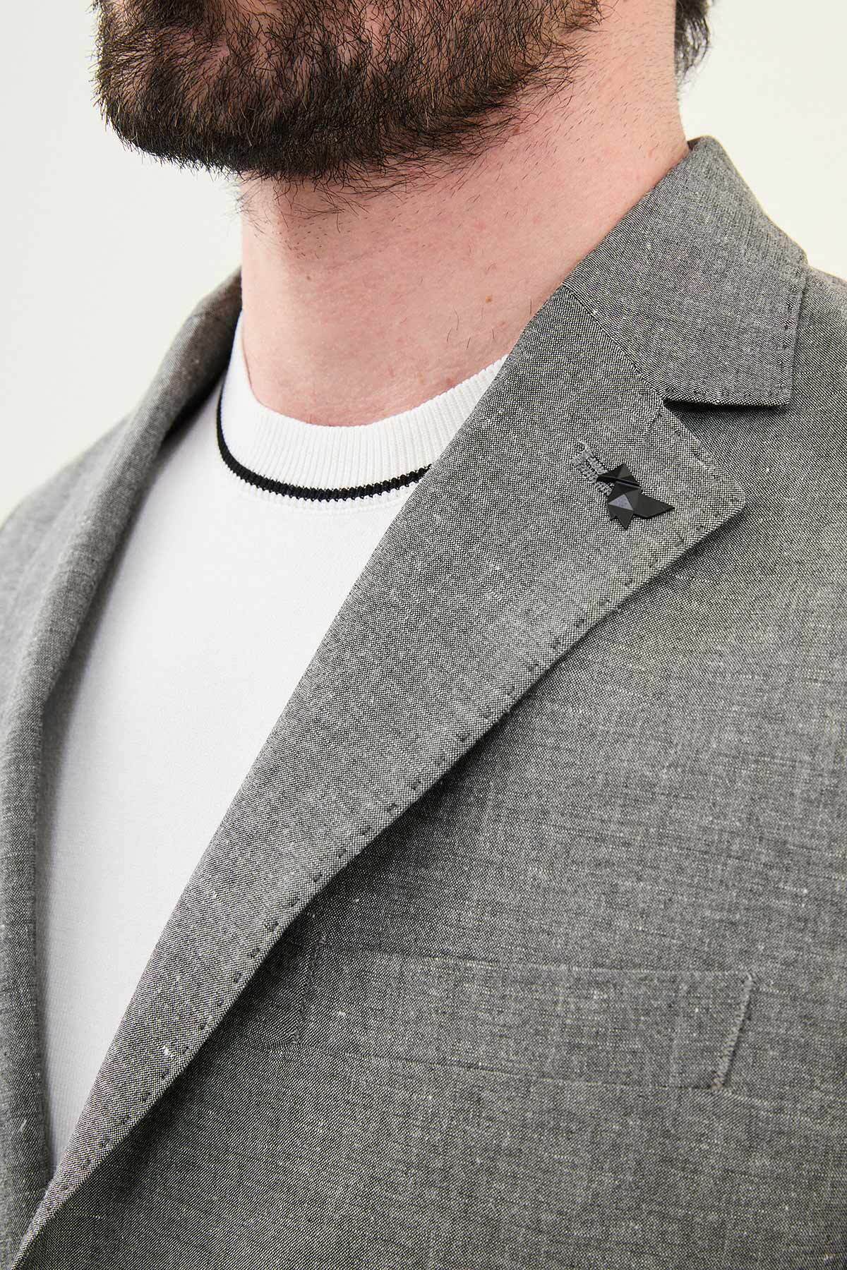 Mcr-Gray Slim Fit Bag Pocket Mono Collar Linen Men's Jacket Black - 41449.25Y 2