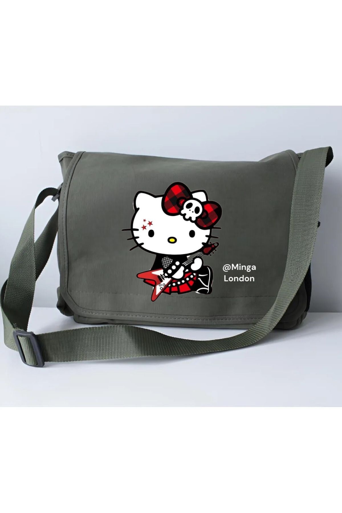 Minga London Haki Gothic Plaid Kitty Okul, Kurs, Dershane Postacı Çantası -Minga London