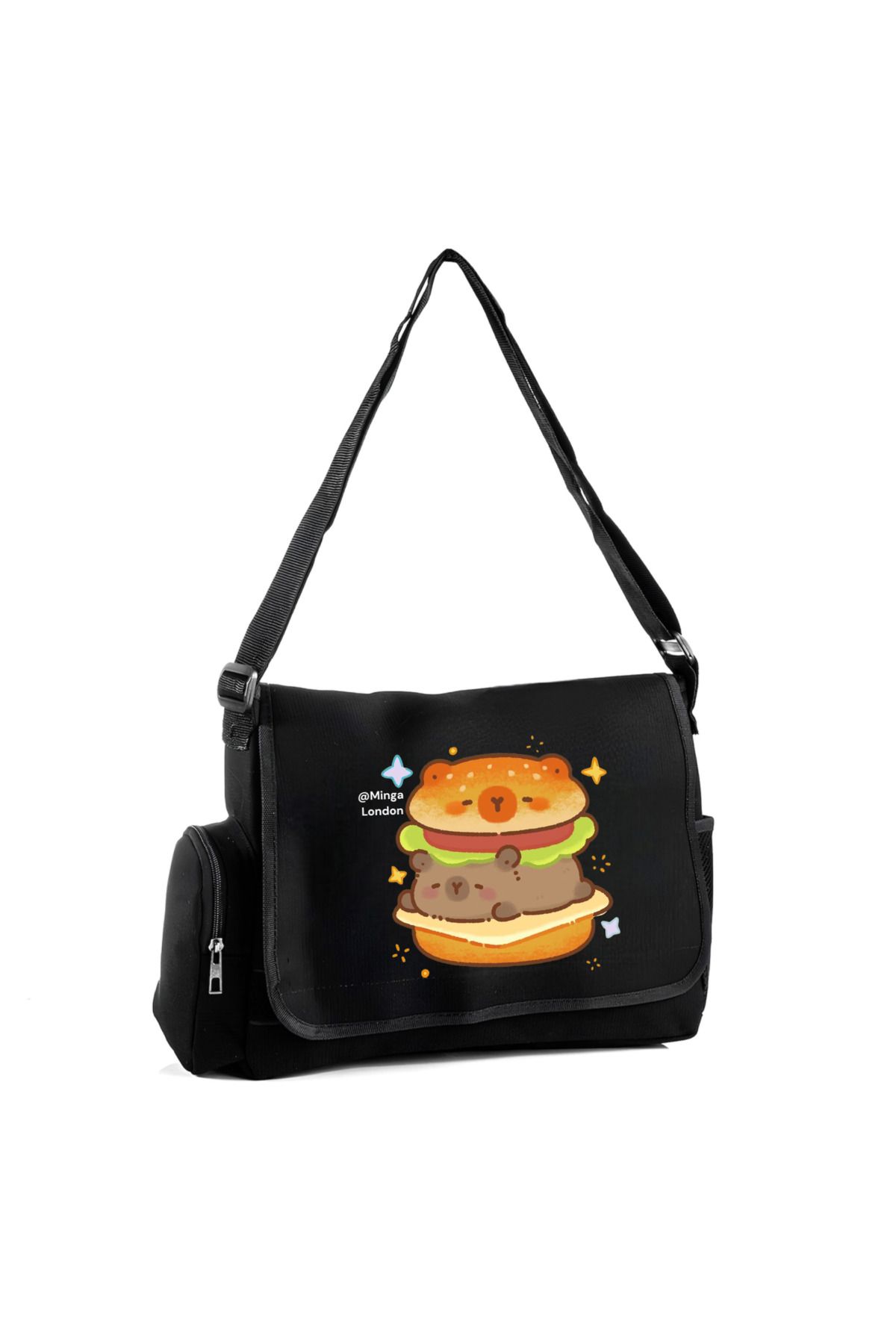 Minga London Siyah Capybara HamBurger Okul, Kurs, Dershane Postacı Çantası -Minga London