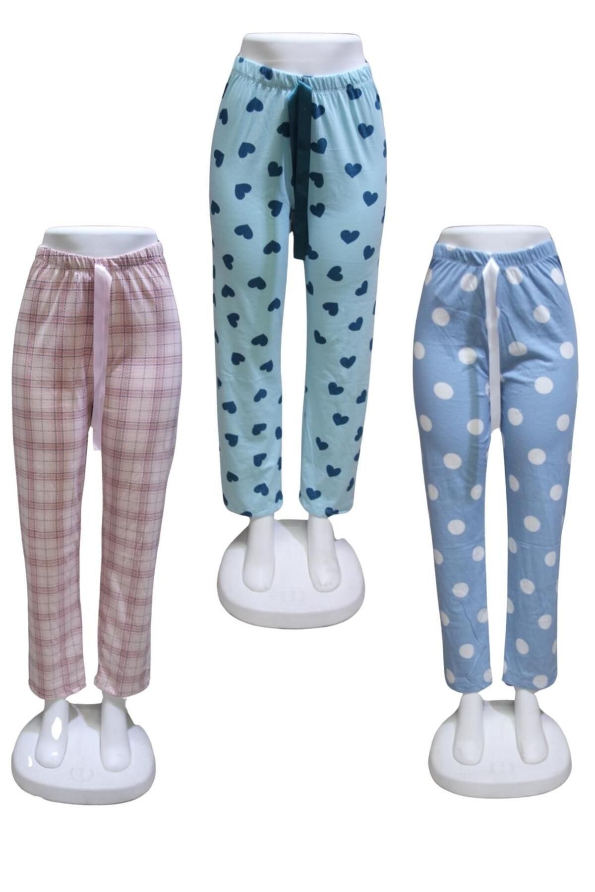 ZambakModa Likralı 3 lü Paket Kurdele Bel Detaylı Baskılı Cepsiz Kadın Pijama Altı1026
