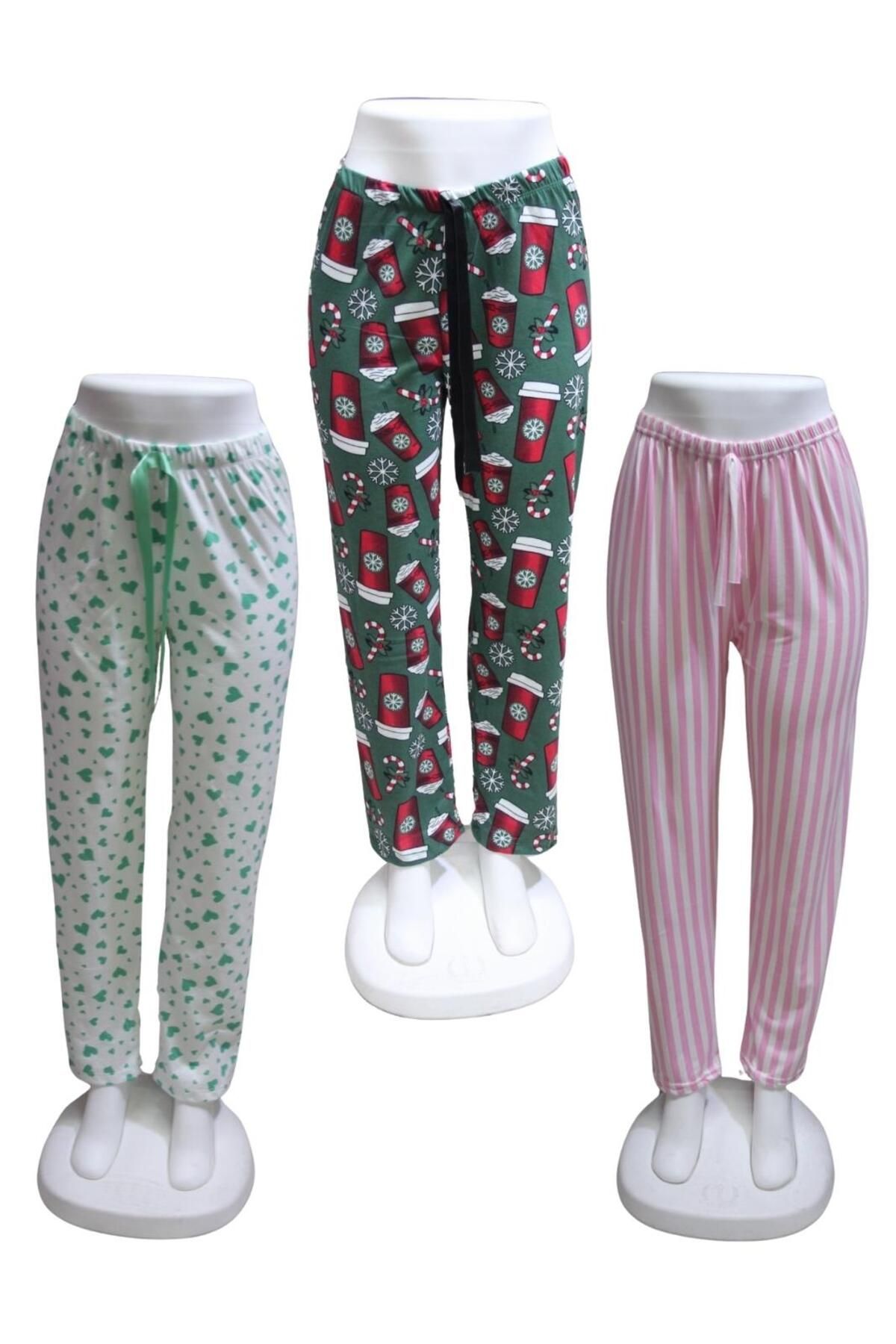 ZambakModa Likralı 3 lü Paket Kurdele Bel Detaylı Baskılı Cepsiz Kadın Pijama Altı1024