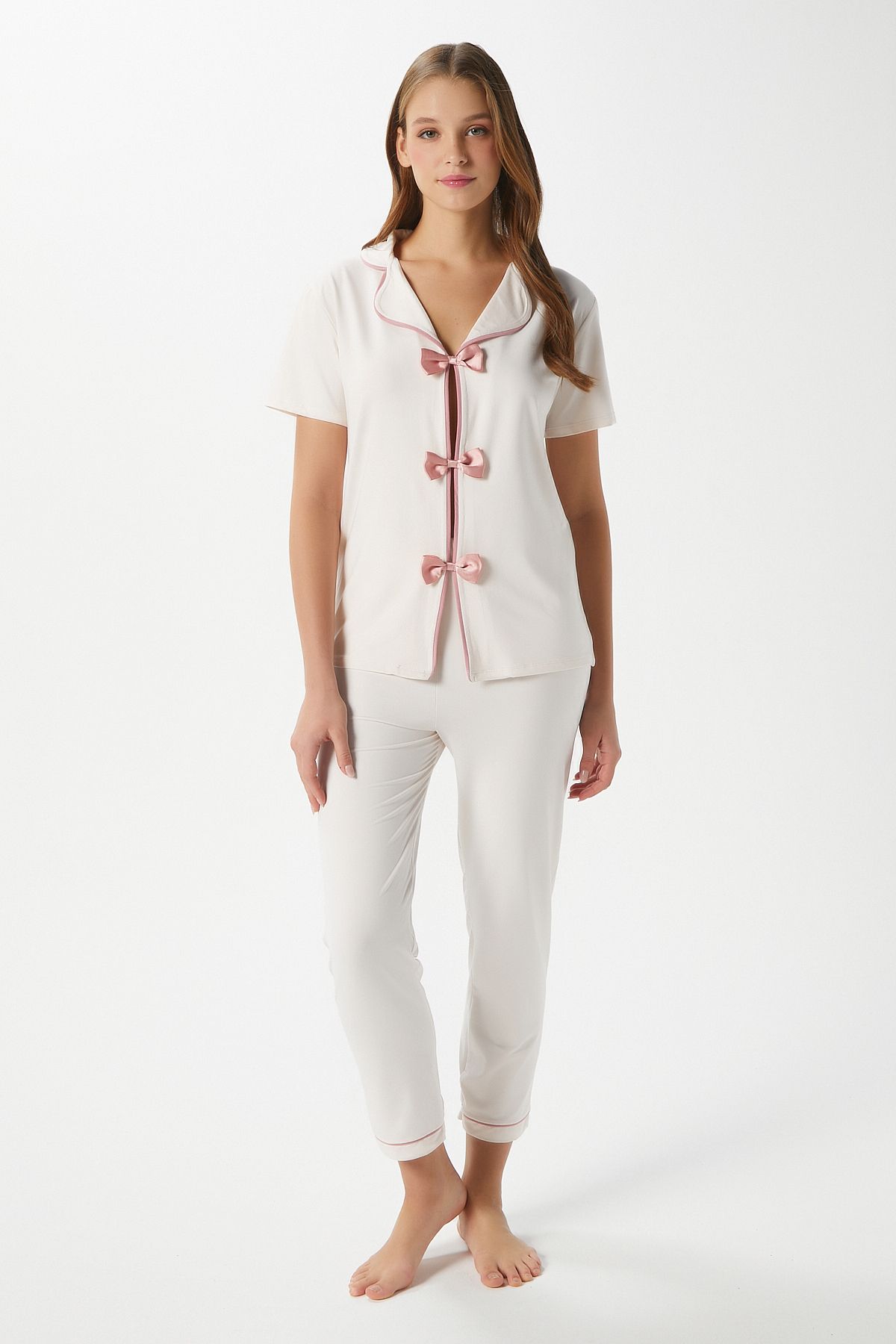 Ritnice-Set de pijamale pentru femei Julia Ecru Bow Bottom Top 3
