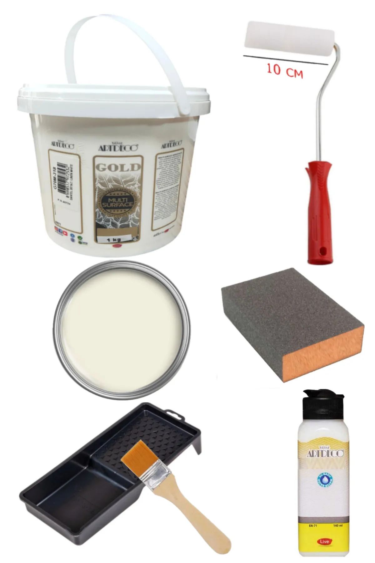 arttone Artdeco Multi Surface Akrilik Boya 1 KG Dantel Beyaz Rulo ve Tavalı Rulo Mat Vernik 140 ml Set