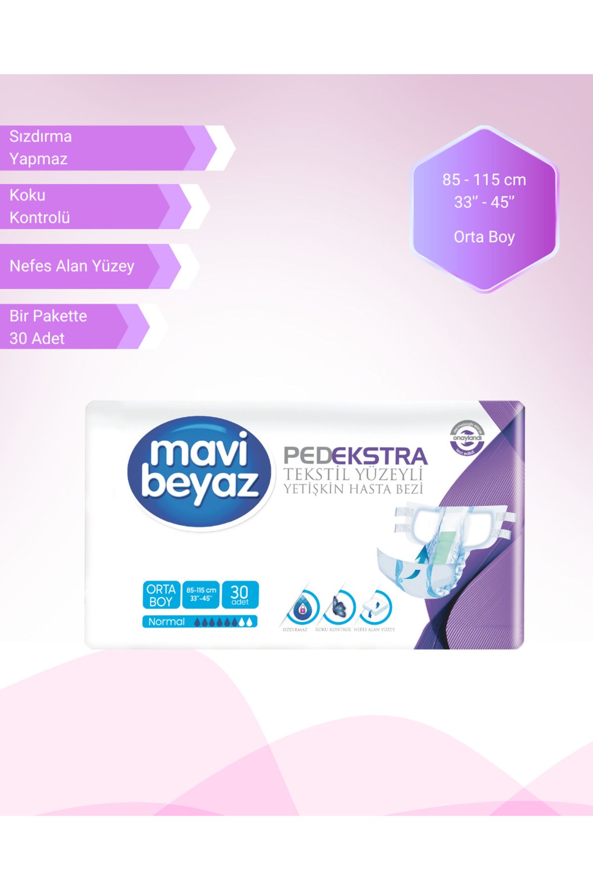 Mavi beyaz Ped Ekstra Bel Bantlı Hasta Bezi Orta Boy 30'lu