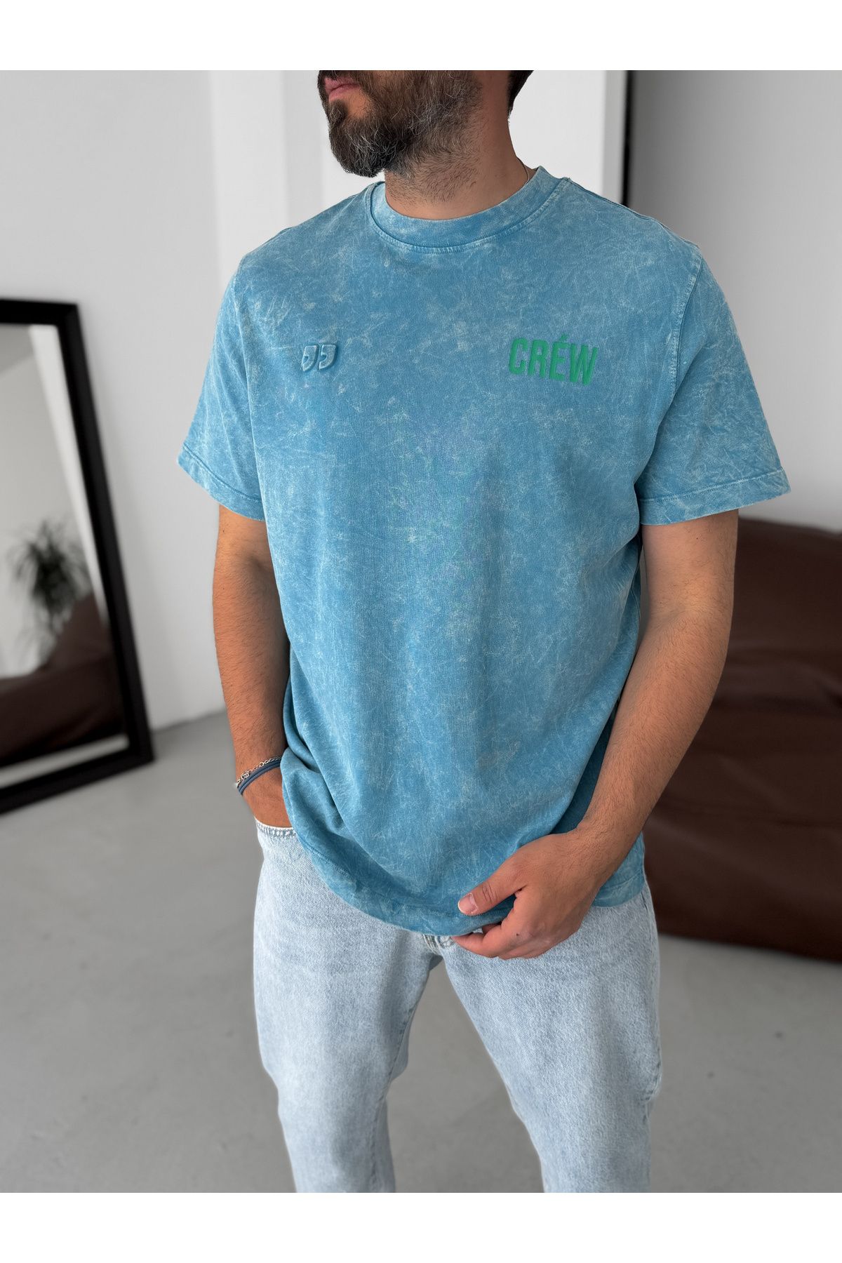 BYBASICMAN-Blue Washed Crew Printed Oversize T-Shirt Yp-5039 3