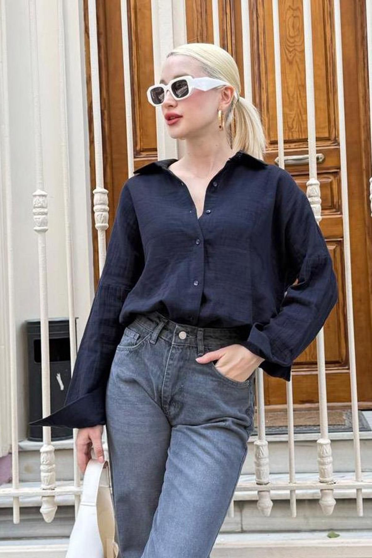 Madmext-Navy Blue Muslin Fabric Basic Women's Shirt Mg1660 4