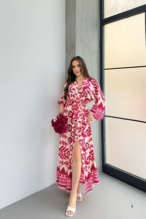 mezqa Pembe Desenli Kruvaze Yaka Bağcıklı Uzun Kadın Elbise