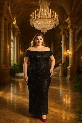 Angelino Siyah Kayık Yaka Yırtmaçlı Uzun Pullu Büyük Beden Abiye  ND610