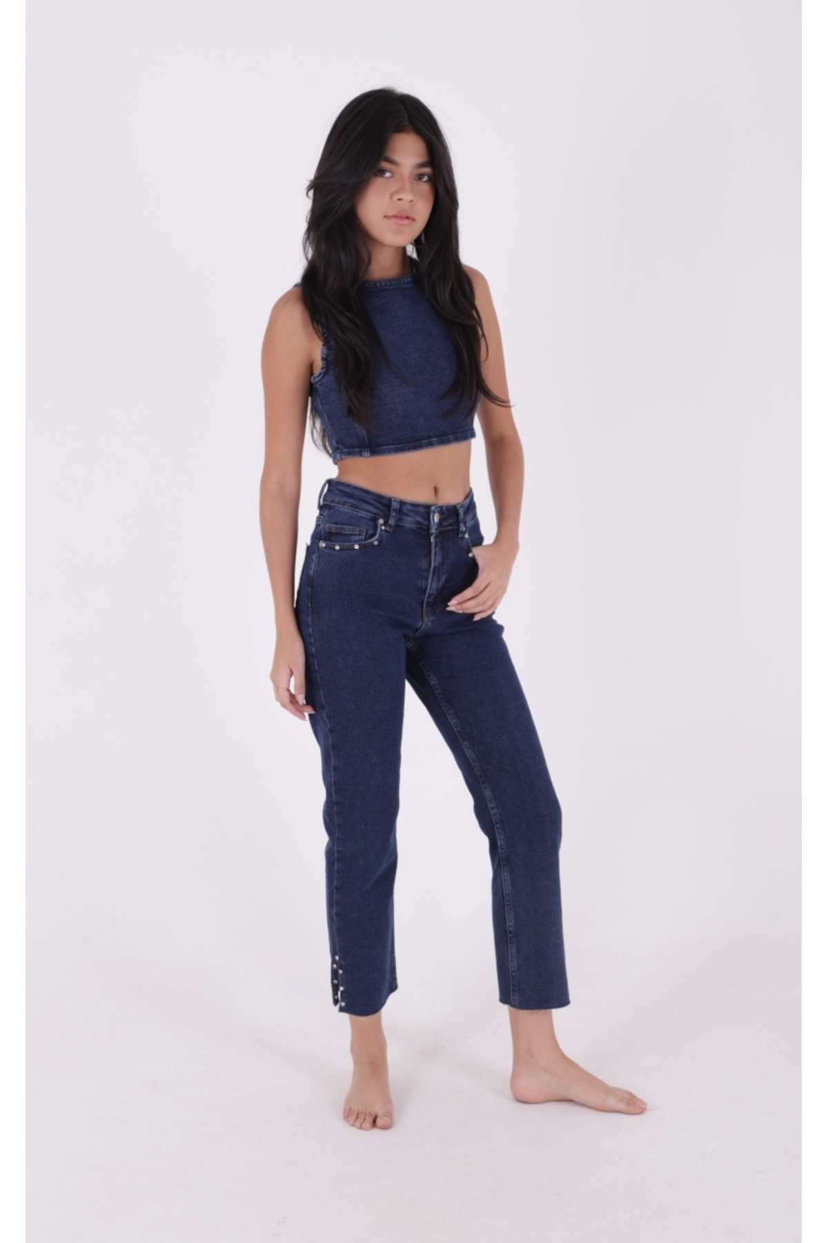 RICHMOST-High Waisted Mom Fit Women's Jean Jeans with Rhinestones at the Legs and Slit Pockets Straight Dark Rins Denim 5