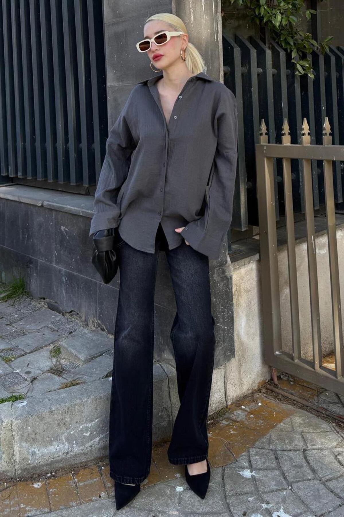 Madmext-Anthracite Muslin Fabric Basic Women's Shirt Mg1660 3