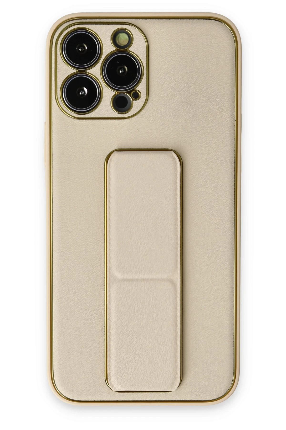 NewFace iPhone 13 Pro Max Kılıf Coco Deri Standlı Kapak - Gold INSLM