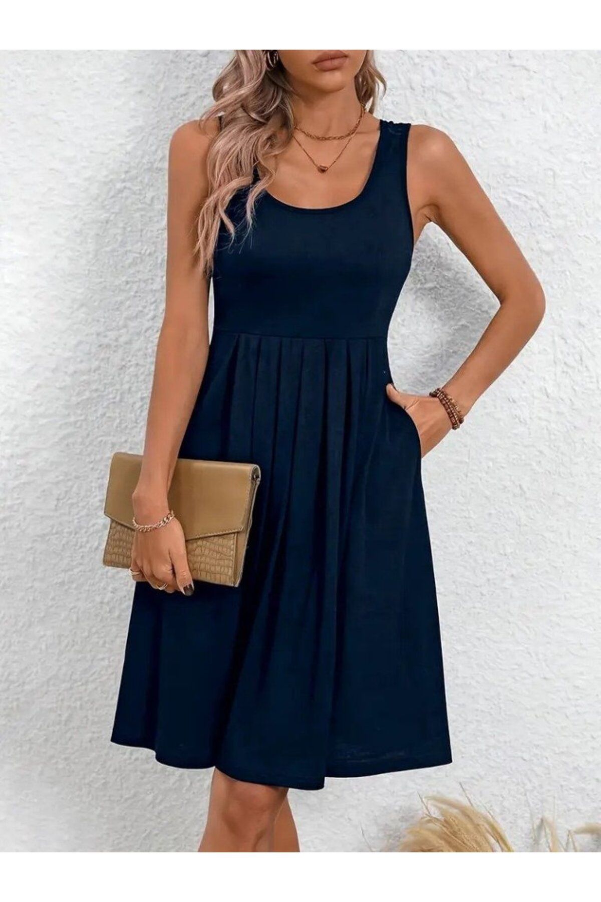 velmorafashion Kadın Askılı Yuvarlak Yaka önden Pileli Viskon Elbise