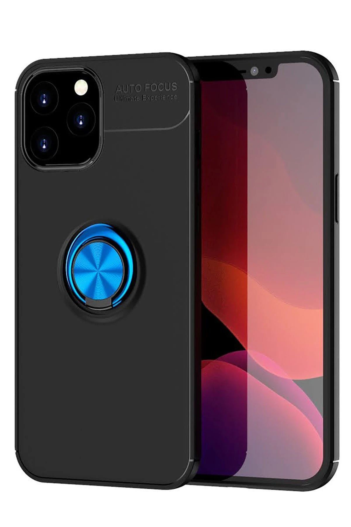 NewFace iPhone 12 Pro Max Kılıf Range Yüzüklü Silikon - Siyah-Mavi YNSMR