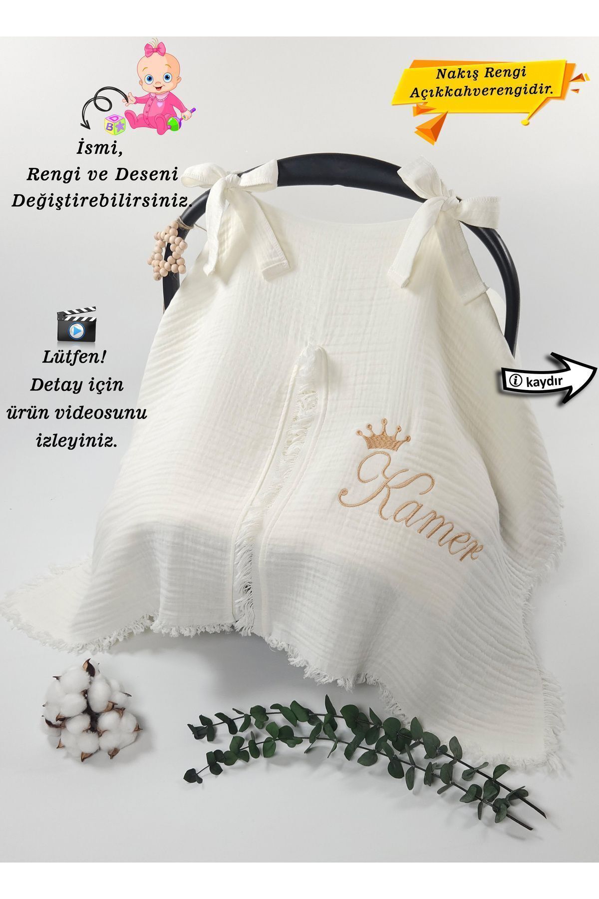 gros shop %100Pamuk Nefes Alabilen 4Katlı Müslin Kumaş Püsküllü Puset Örtüsü(KİŞİYE ÖZGÜ ISİMLİ NAKIŞ DESENLİ