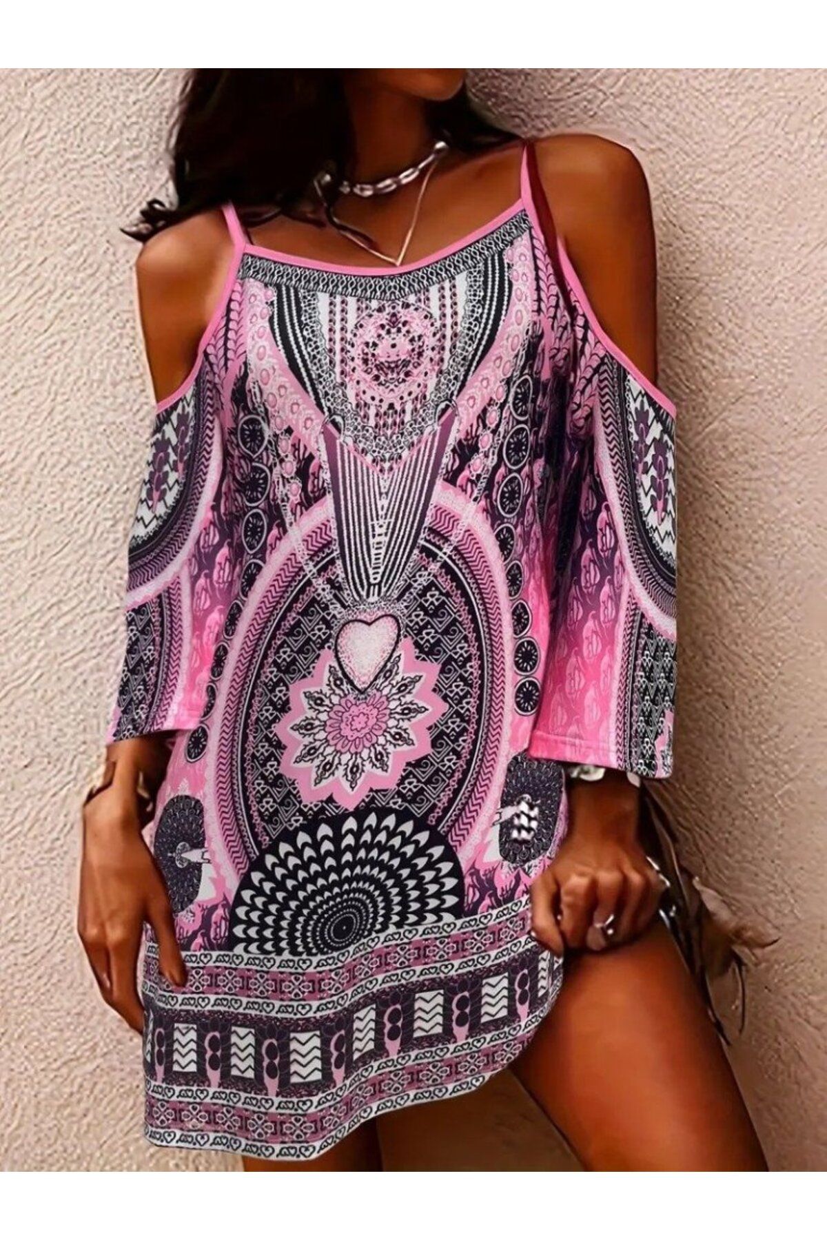velmorafashion Kadın Askılı Omuzlardan Açık Fakir Kol Desenli Kısa Süprem Elbise