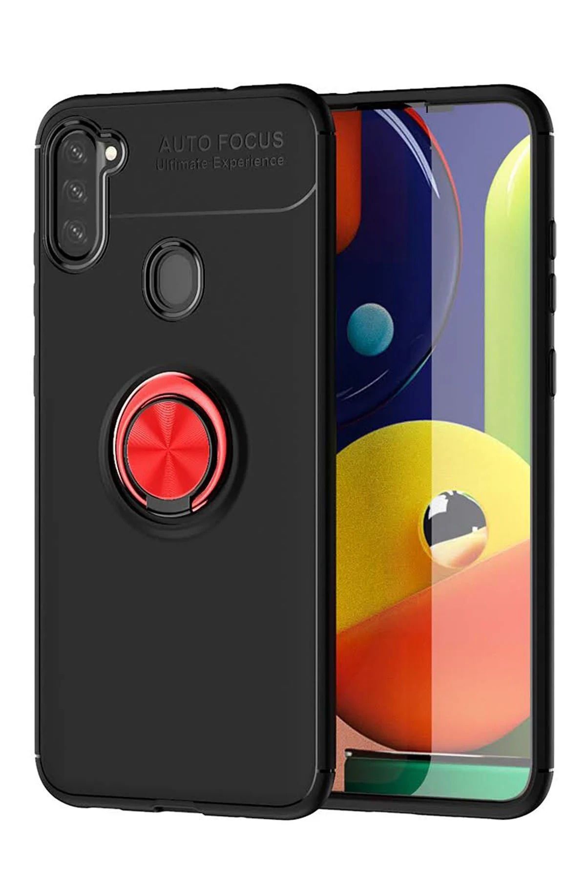 NewFace Samsung Galaxy A11 Kılıf Range Yüzüklü Silikon - Siyah-Kırmızı HNZRN
