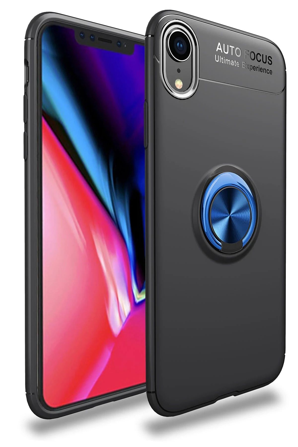 NewFace iPhone XR Kılıf Range Yüzüklü Silikon - Siyah-Mavi JOJUA