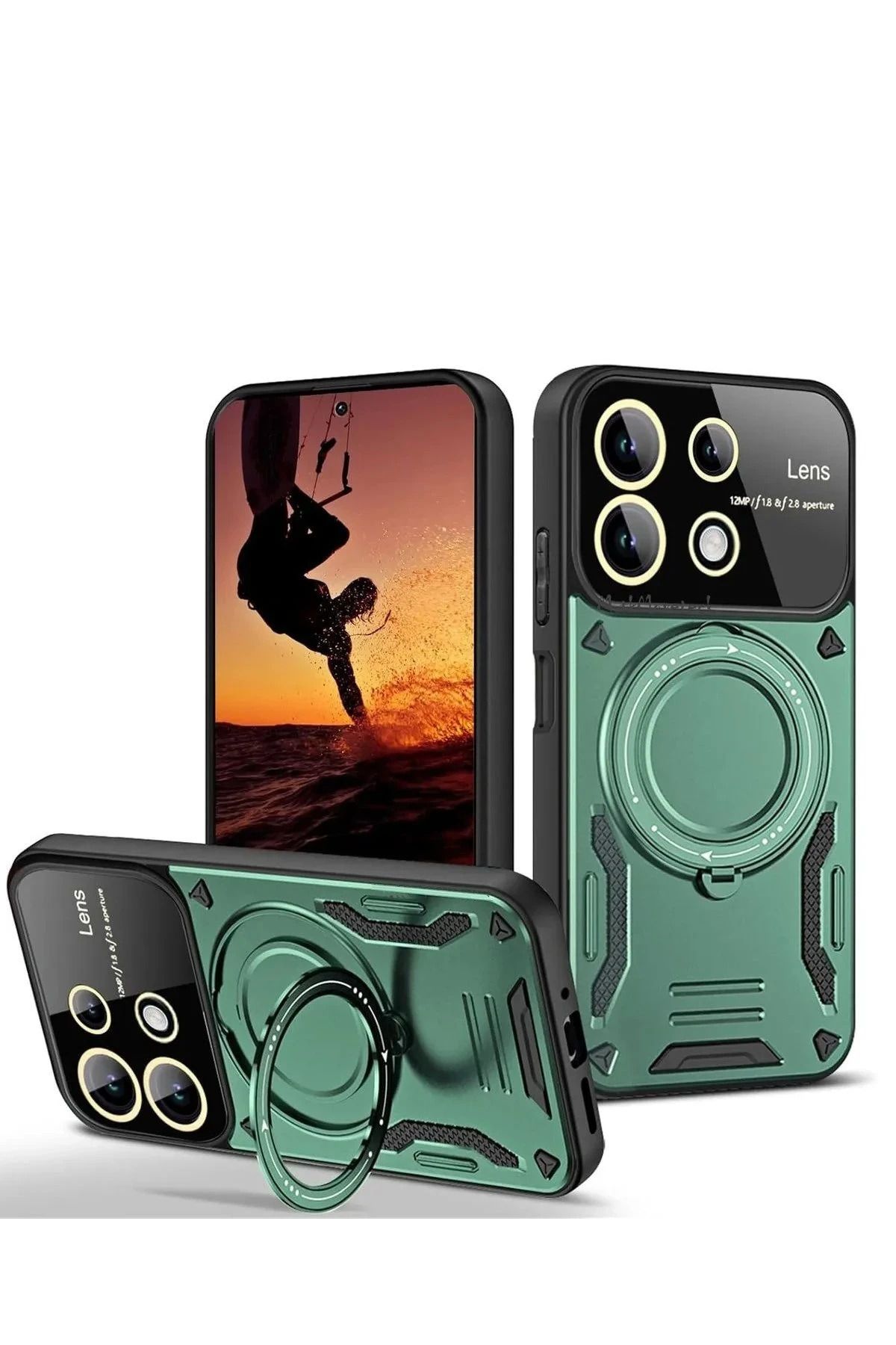 NewFace Xiaomi Redmi 13 4G Kılıf Joy Lens Standlı Kapak - Koyu Yeşil YNSMR