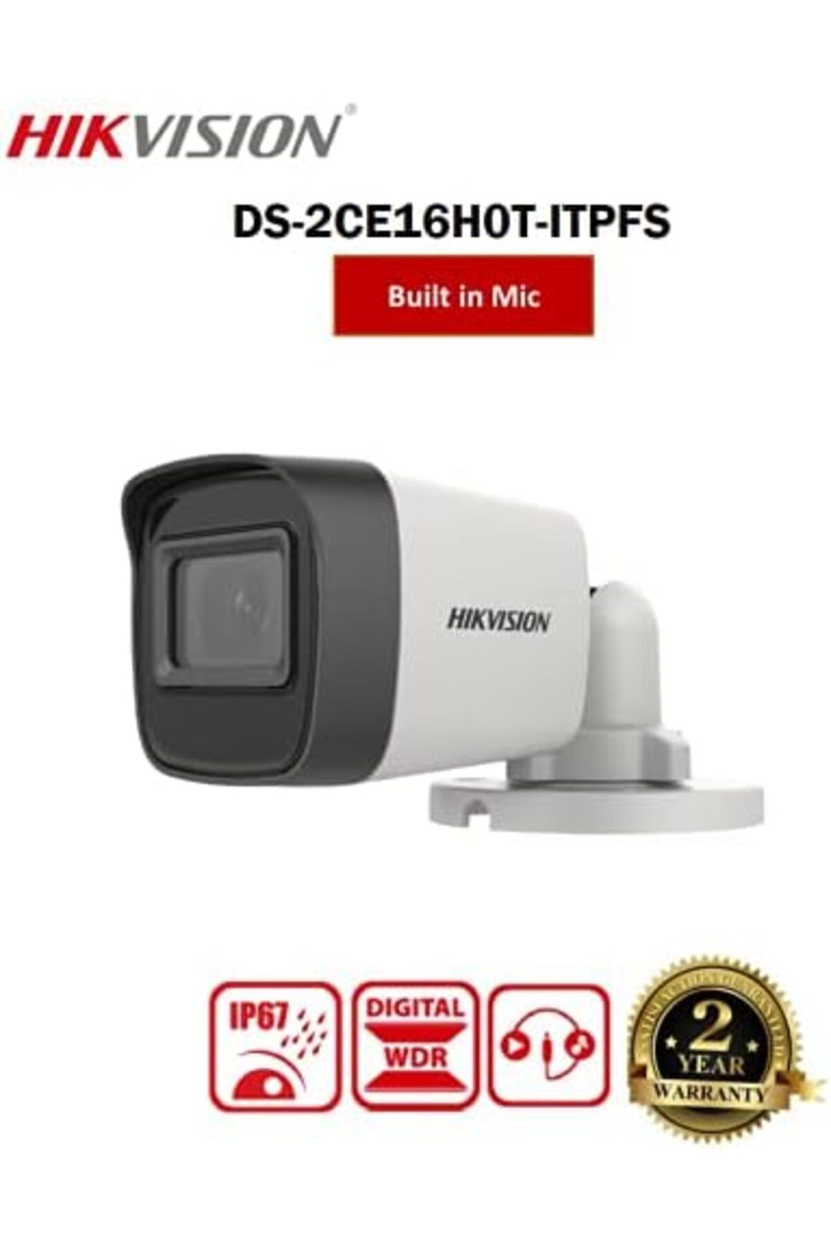 Hikvision-5 MP Weatherproof Camera with Built-in Microphone from Hikvision DS-2CE16H0T-ITPFS White 5