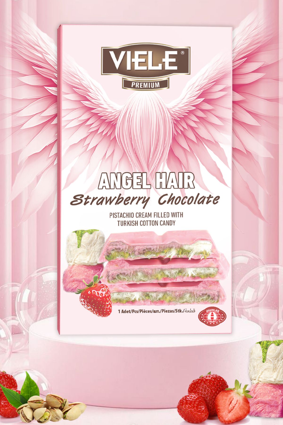 Viele 200 gr Pişmaniyeli Antep Fıstığı Krema Dolgulu Çilekli Sütlü Çikolata Melek Saçlı Angel Hair
