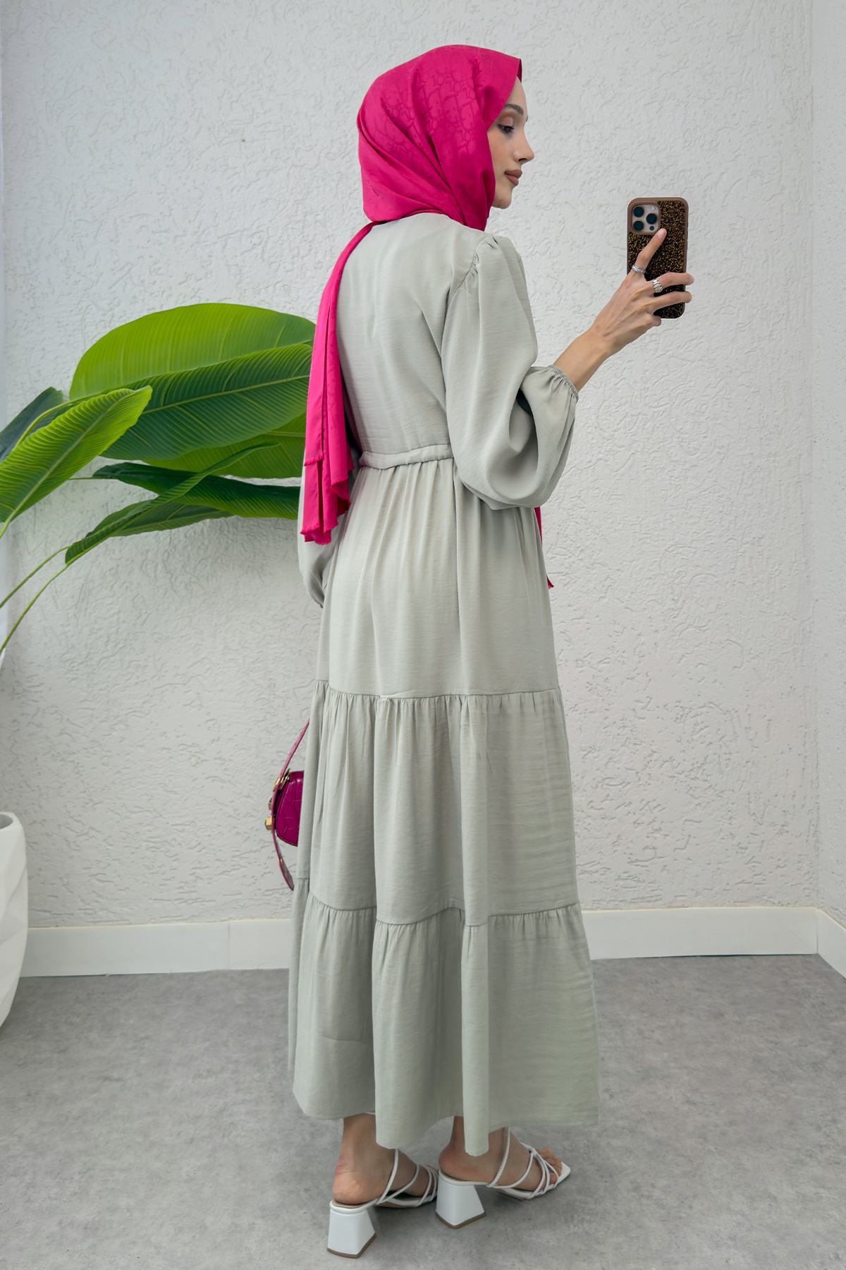 Salih Çelebi-Shirred Lace Dress 2275 - Stone Color 3