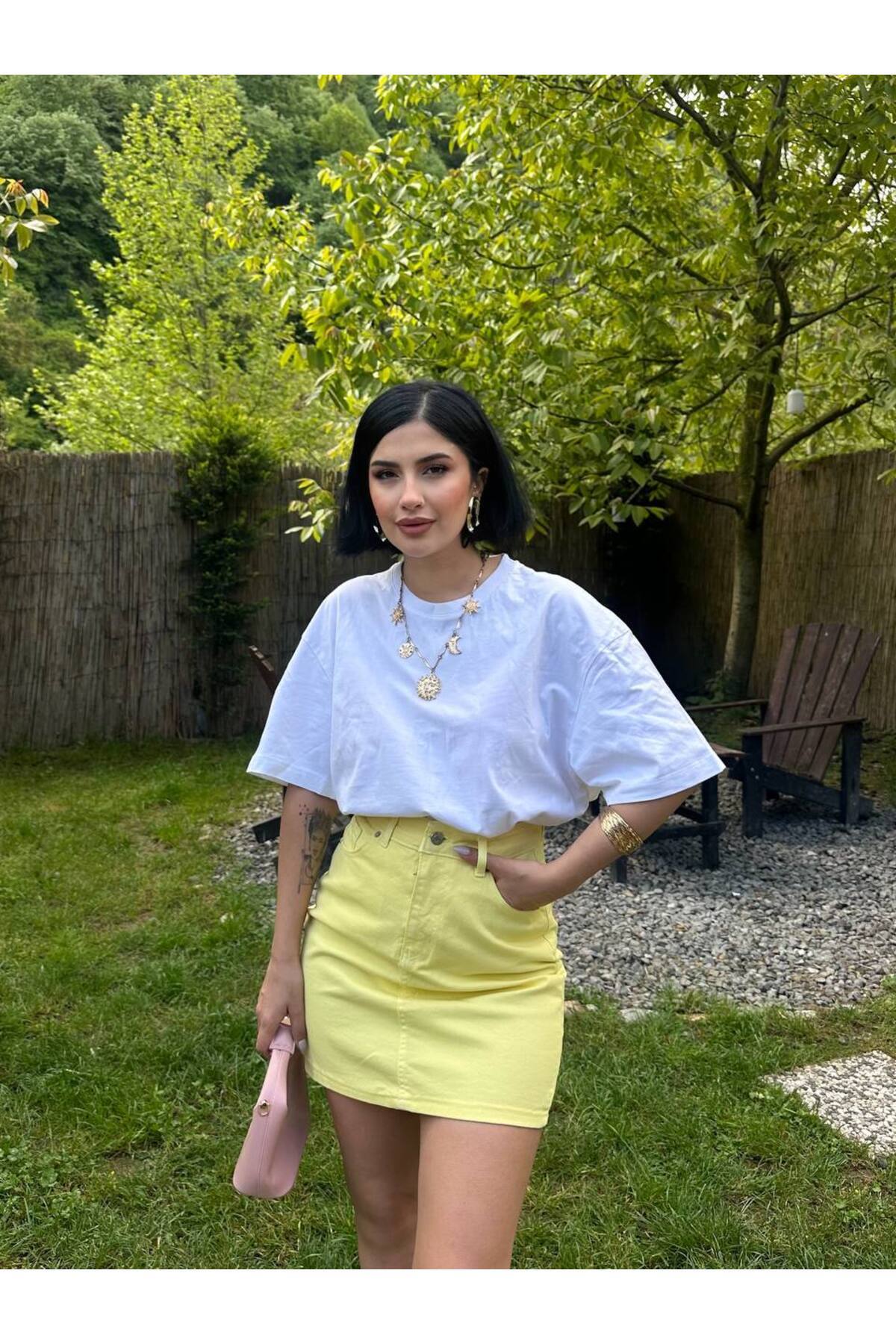 MY LİKA  SARI PETE YIKAMALI MİMİ DENİM ETEK - Görsel 7